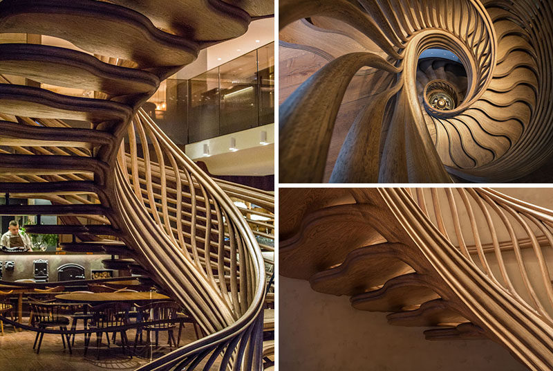 طراحی پله چوبی شگفت انگیز در داخل یک رستوران
